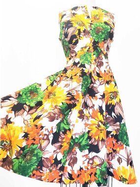1960s Womens Hawaiian Dress Floral Print Stretch Midi Sleeveless Green Orange M